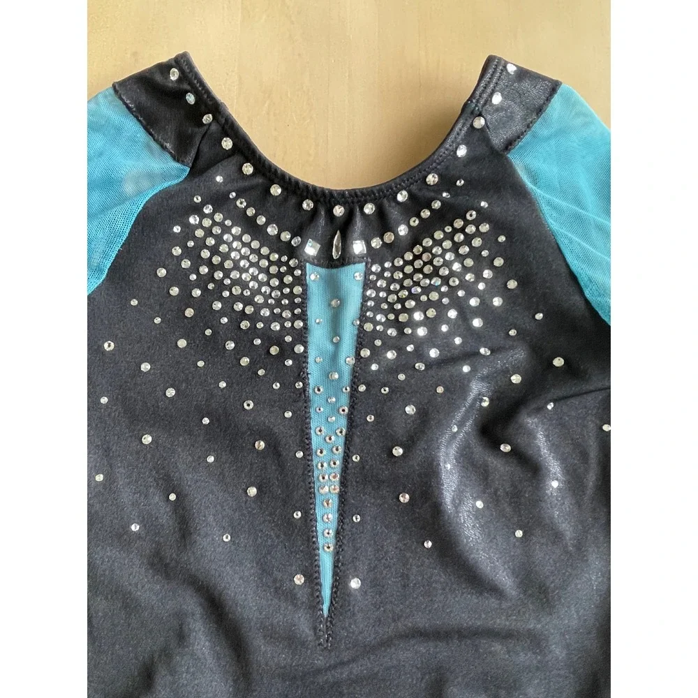 GK Elite Black Blue Rhinestone Gymnastics Leotard Long Sleeve Child Large CL